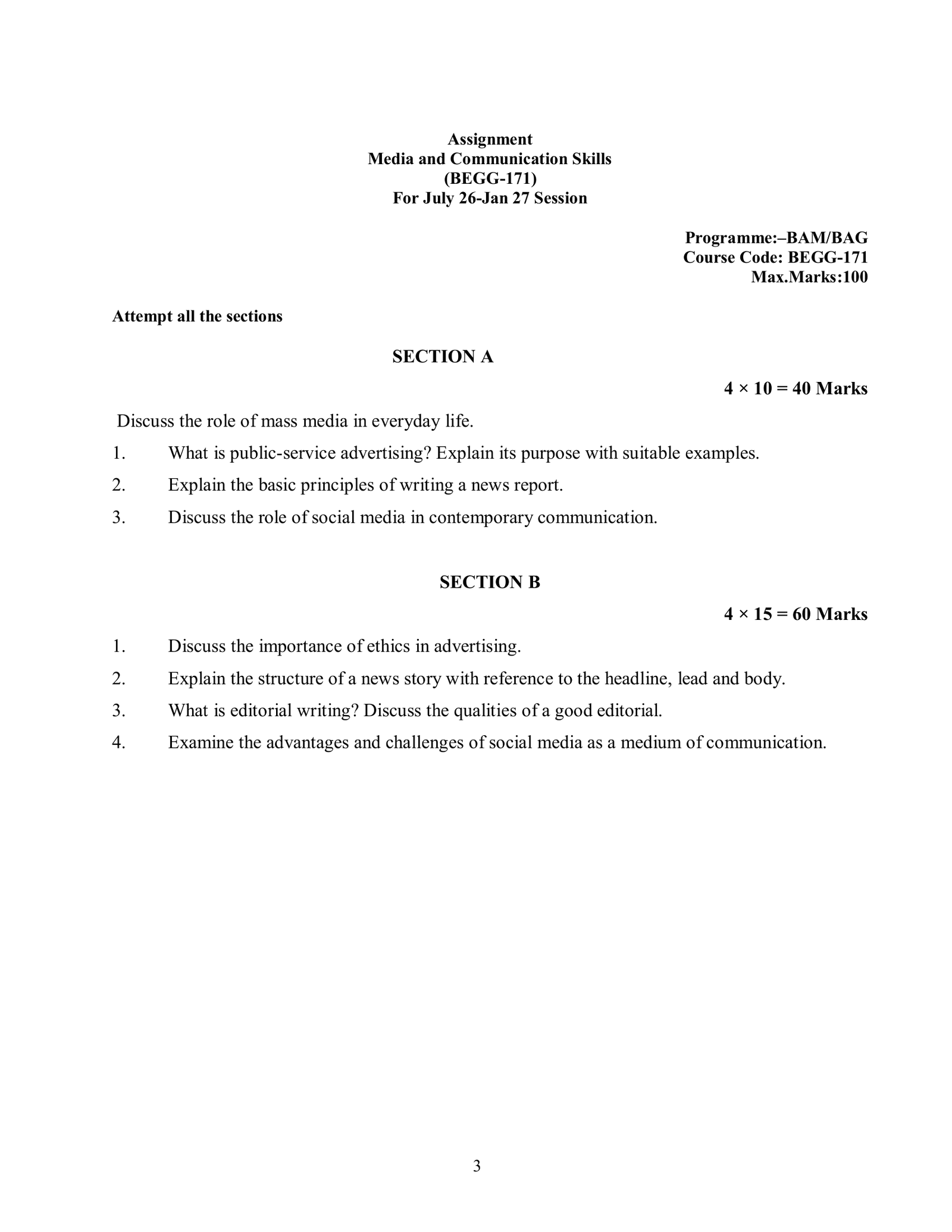 IGNOU BEGG-171 Solved Assignment 2026-27 – English Medium