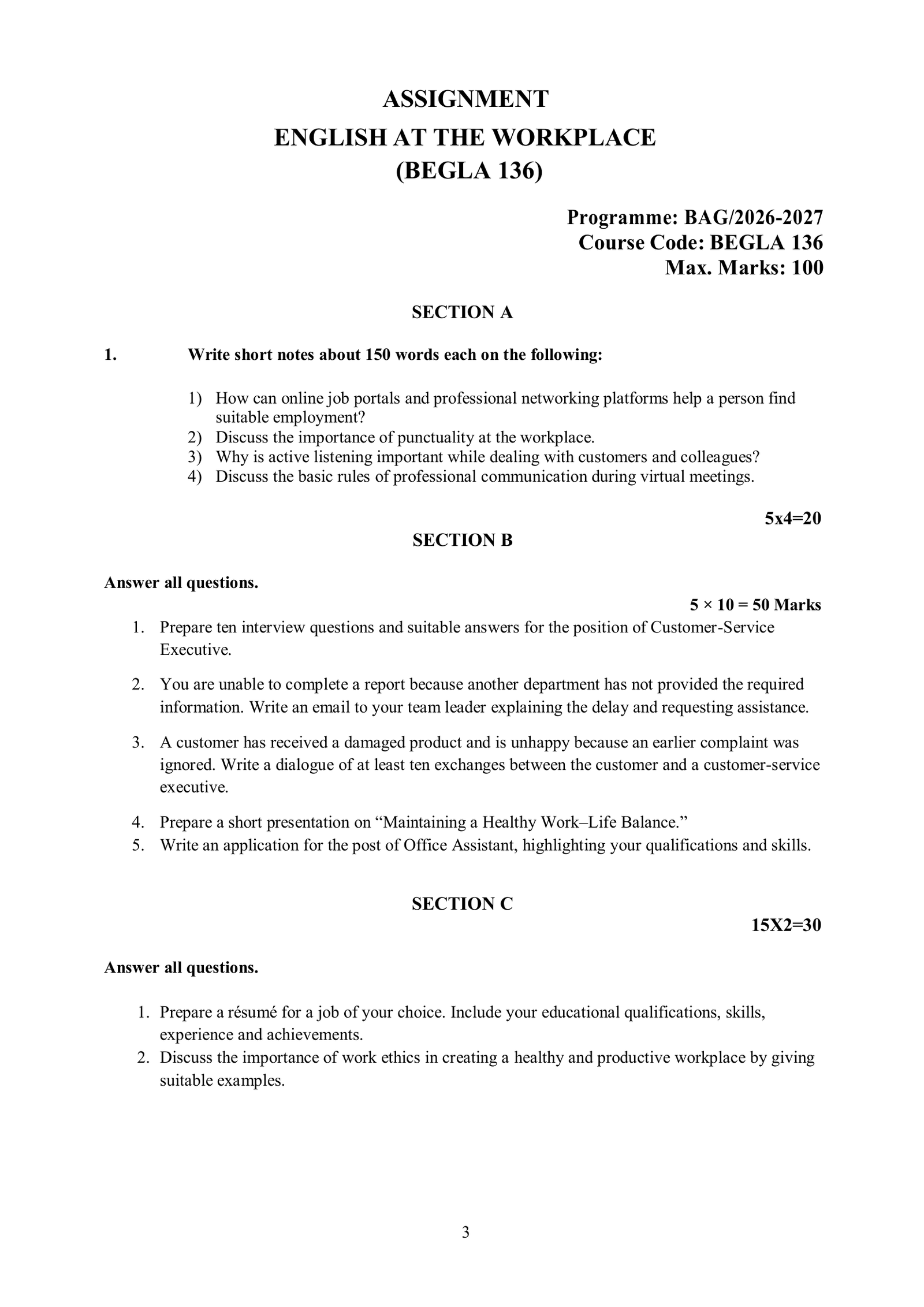 IGNOU BEGLA-136 Solved Assignment 2026-27 – English Medium