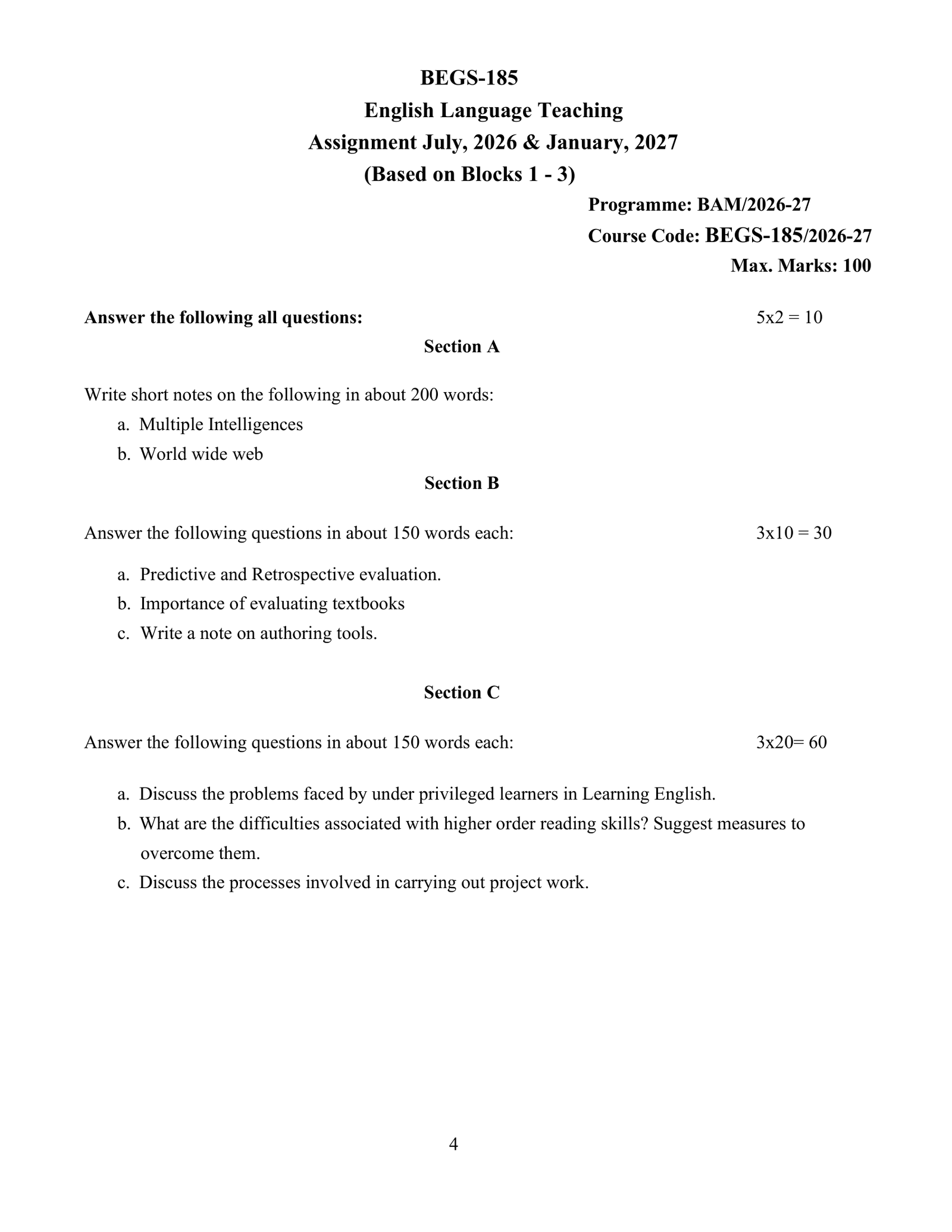 IGNOU BEGS-185 Solved Assignment 2026-27 – English Medium