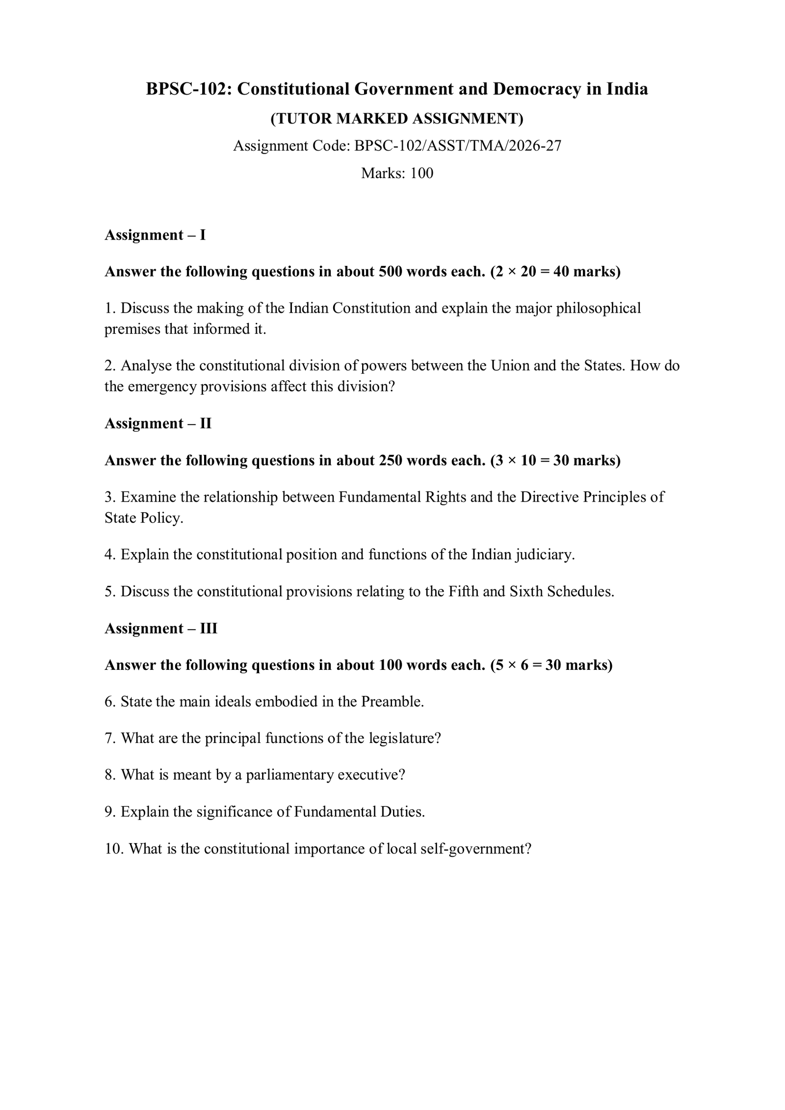 IGNOU BPSC-102 Solved Assignment 2026-27 – English Medium