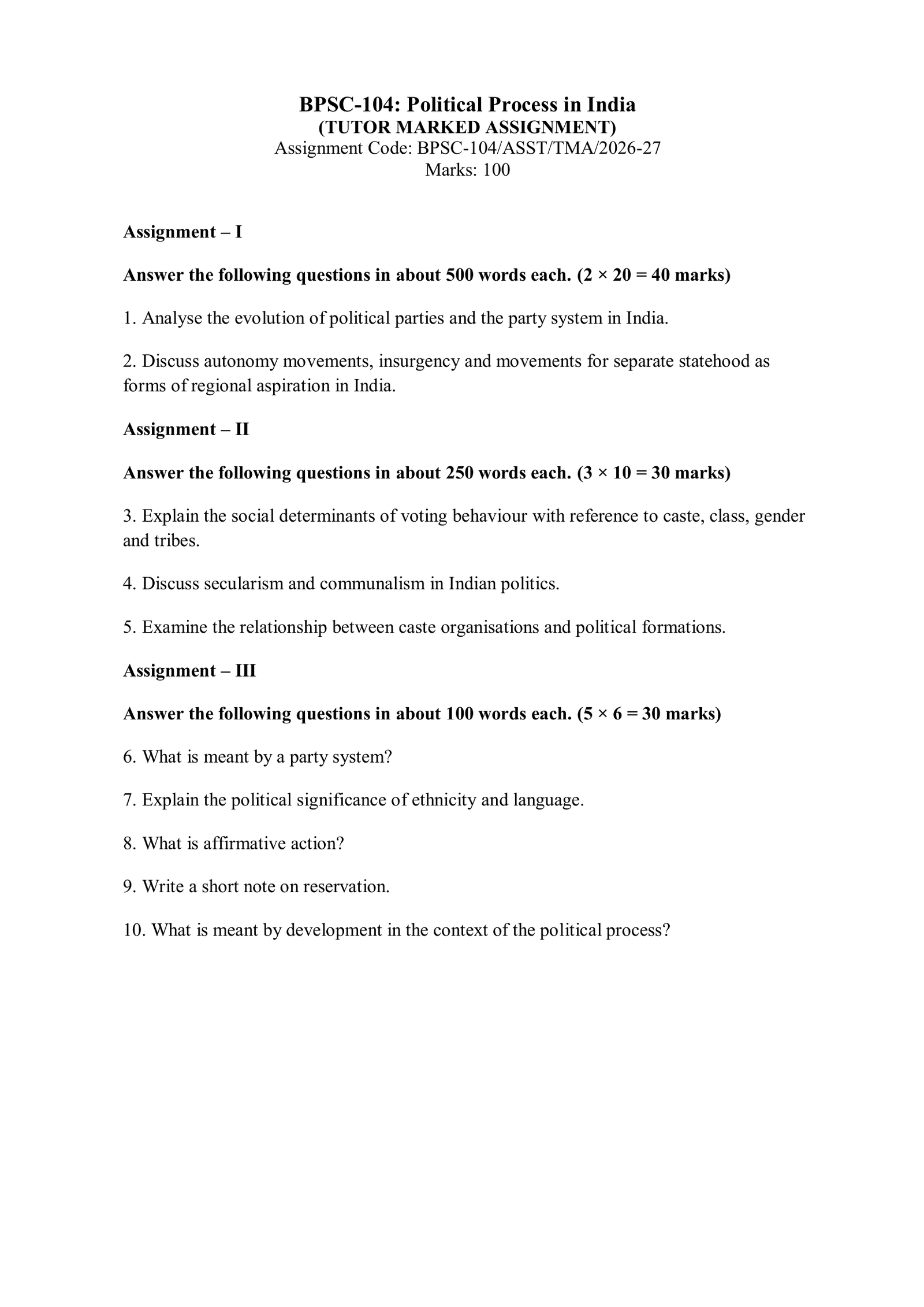 IGNOU BPSC-104 Solved Assignment 2026-27 – English Medium
