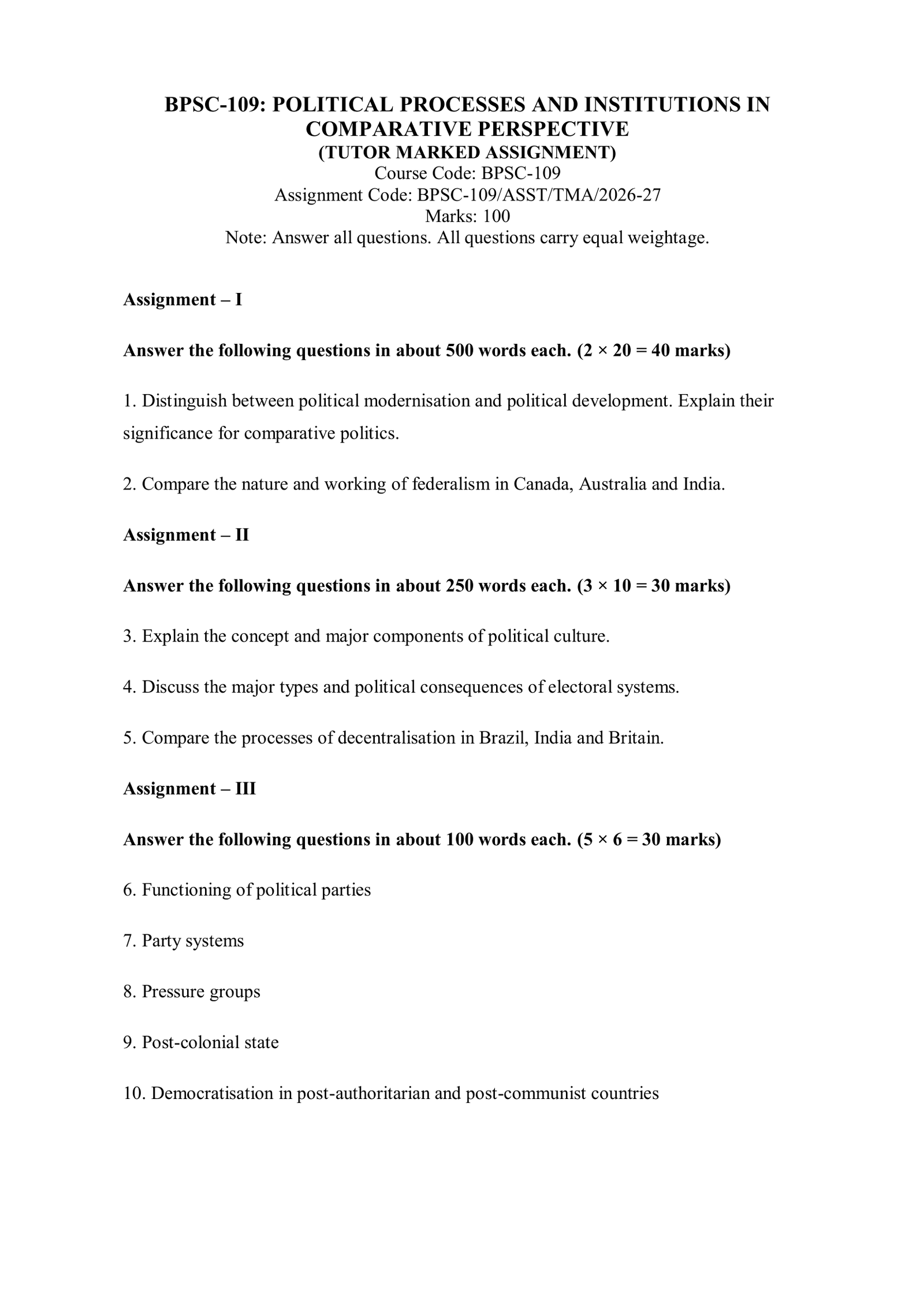 IGNOU BPSC-109 Solved Assignment 2026-27 – English Medium