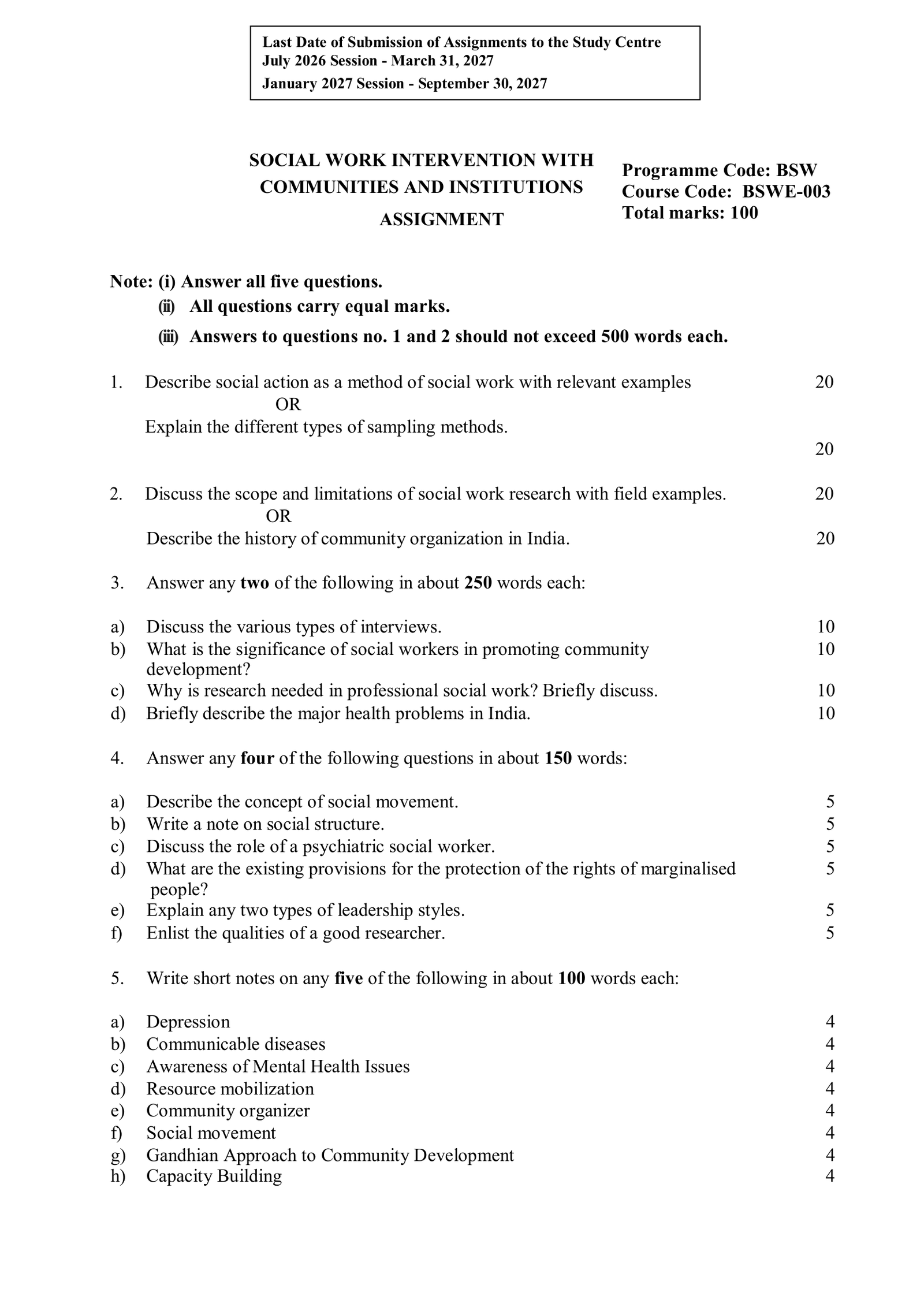 IGNOU BSWE-003 Solved Assignment 2026-27 – English Medium