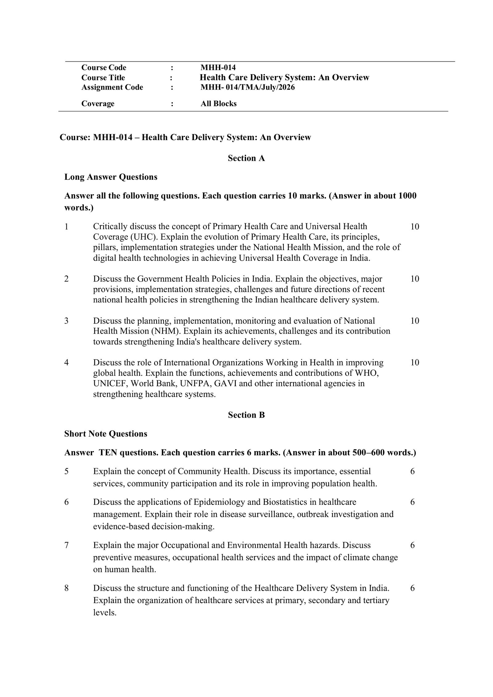 IGNOU MHH-014 Solved Assignment JULY 2026 – English Medium