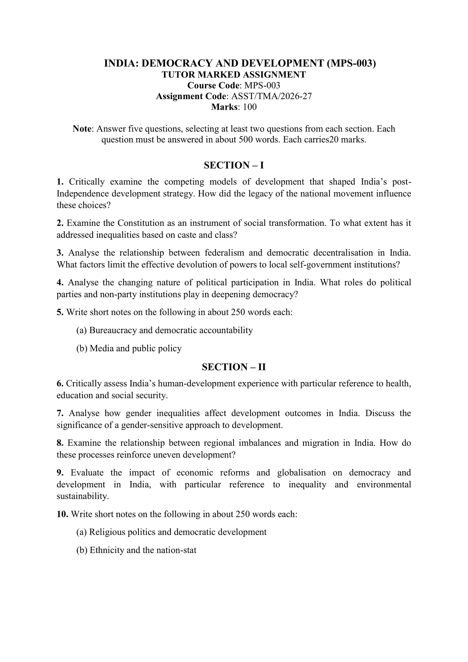 IGNOU MPS-003 Solved Assignment 2026-27 – English Medium