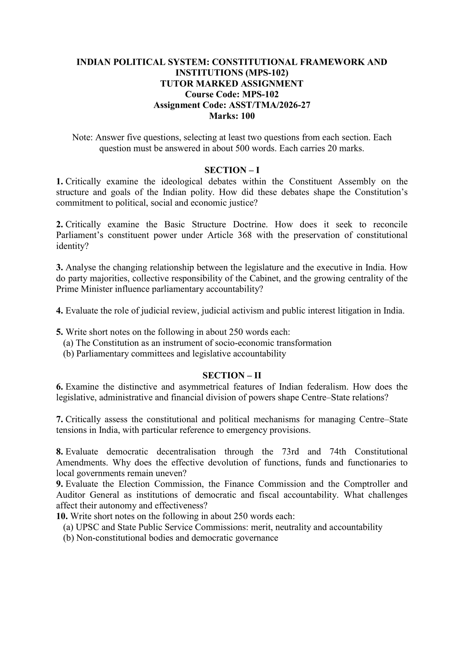 IGNOU MPS-102 Solved Assignment 2026-27 – English Medium