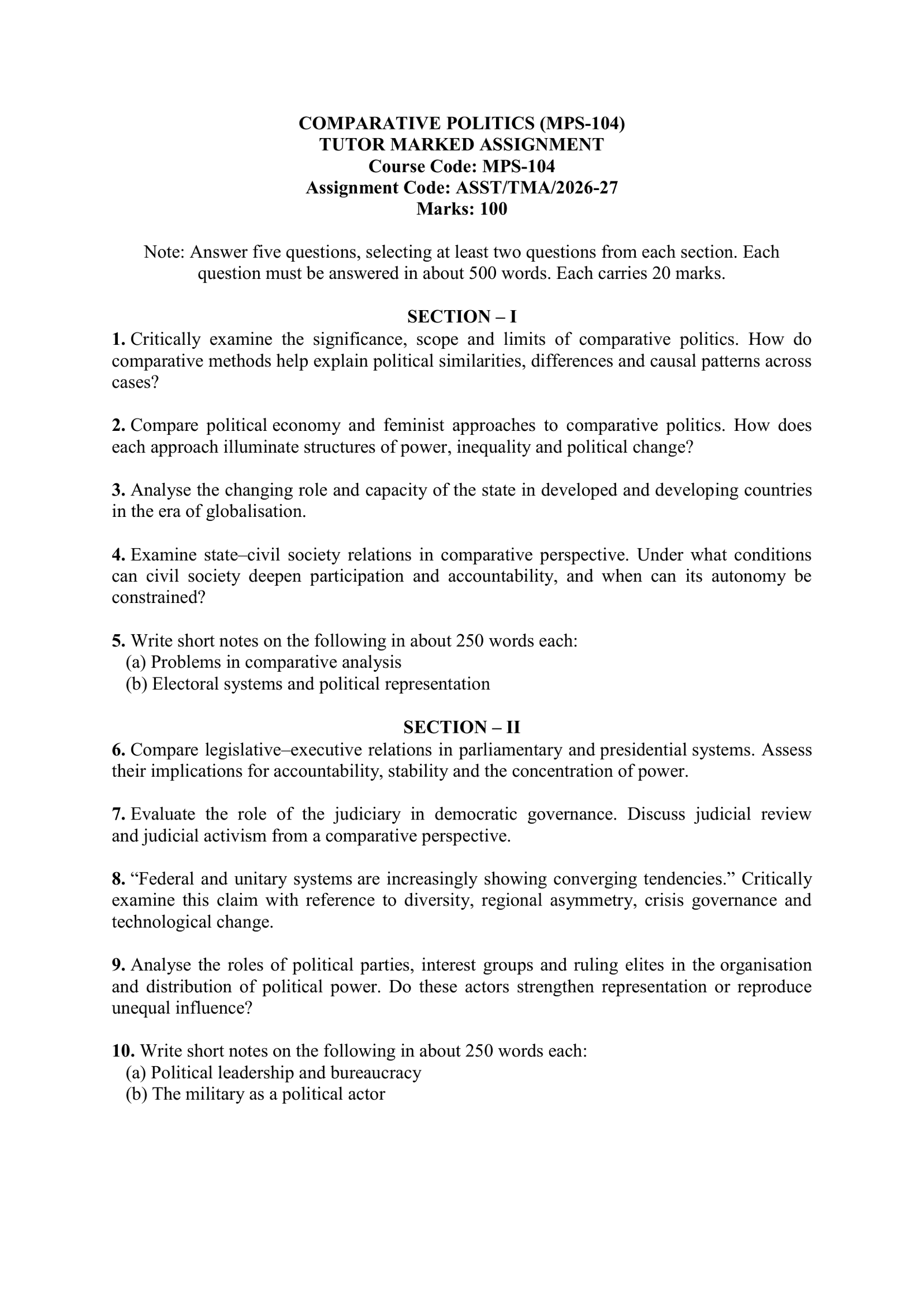 IGNOU MPS-104 Solved Assignment 2026-27 – English Medium