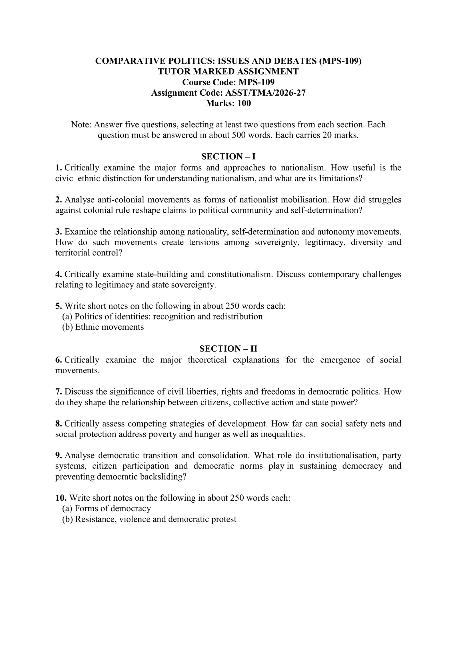 IGNOU MPS-109 Solved Assignment 2026-27 – English Medium