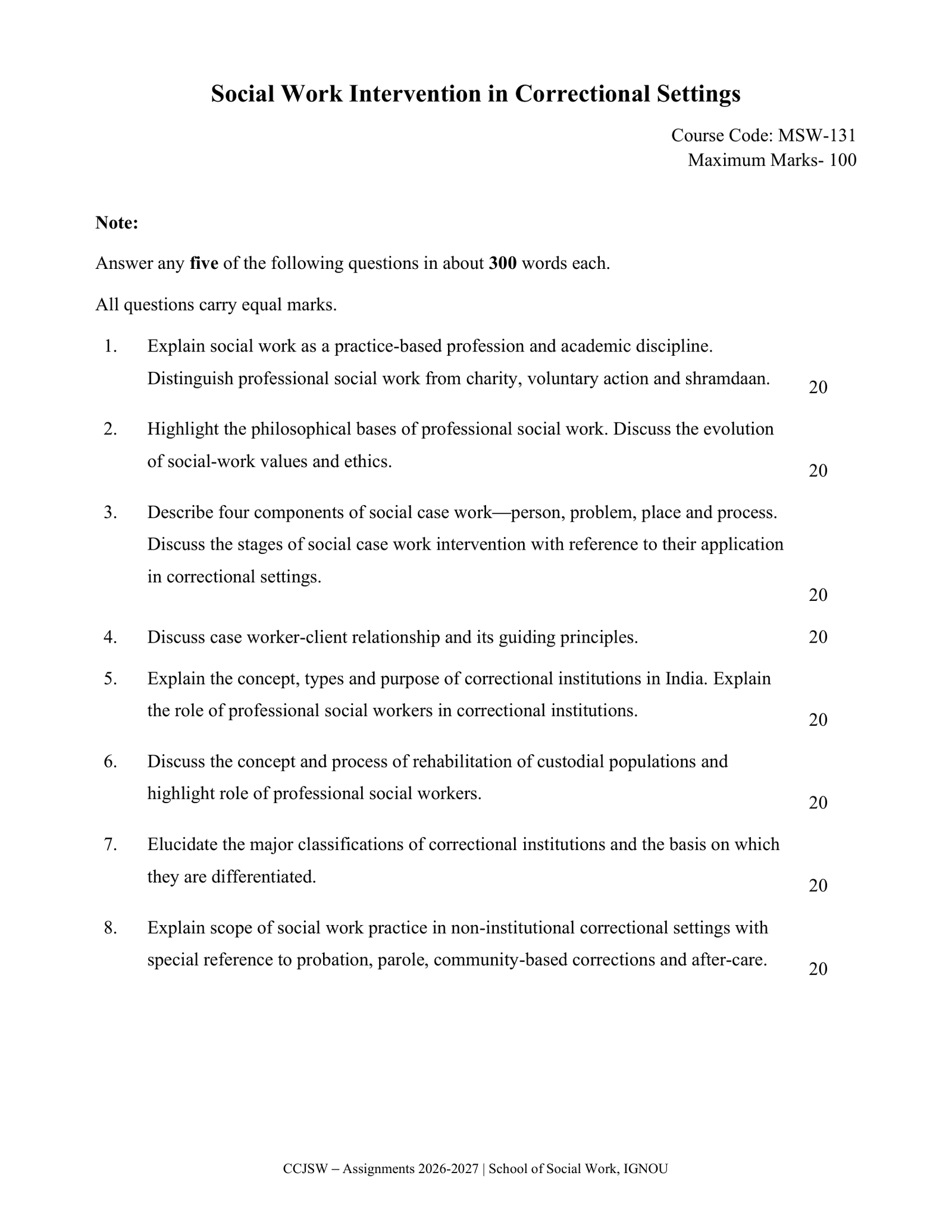 IGNOU MSW-131 Solved Assignment 2026-27 – English Medium