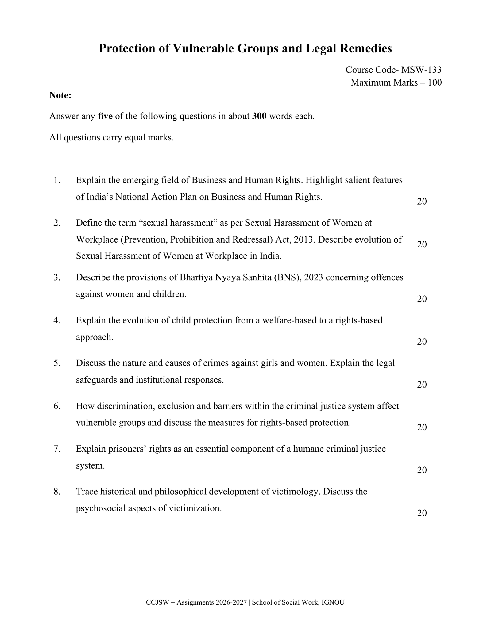 IGNOU MSW-133 Solved Assignment 2026-27 – English Medium