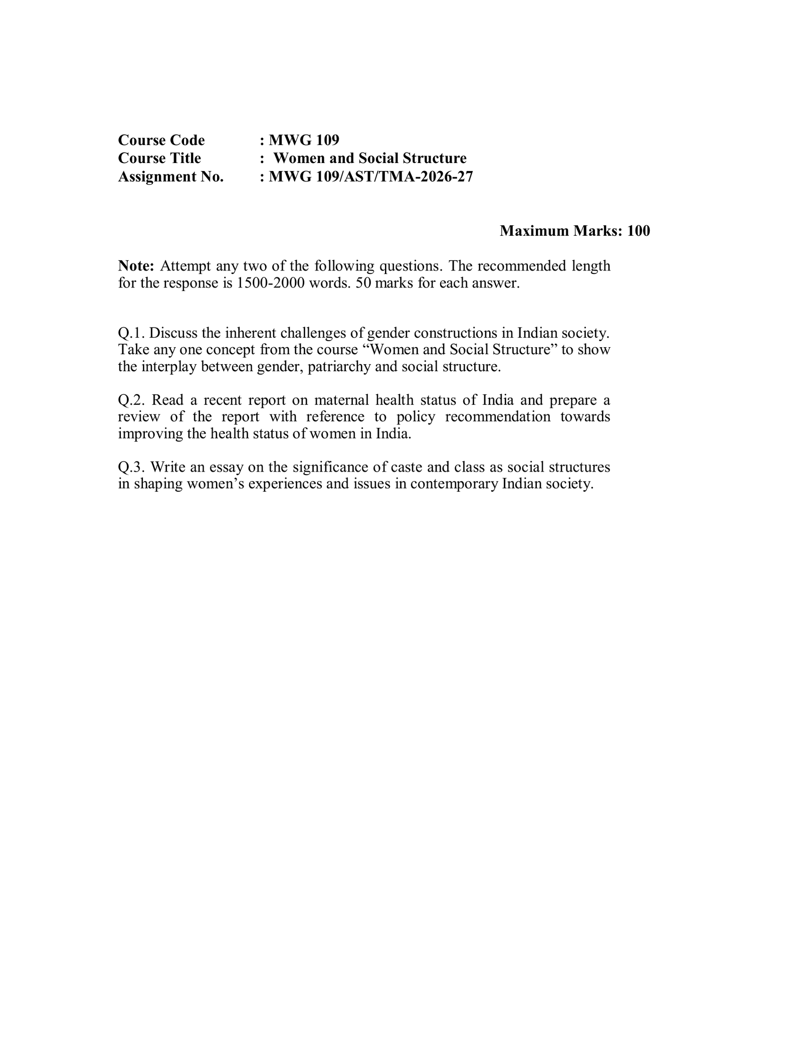 IGNOU MWG-109 Solved Assignment 2026-27 – English Medium