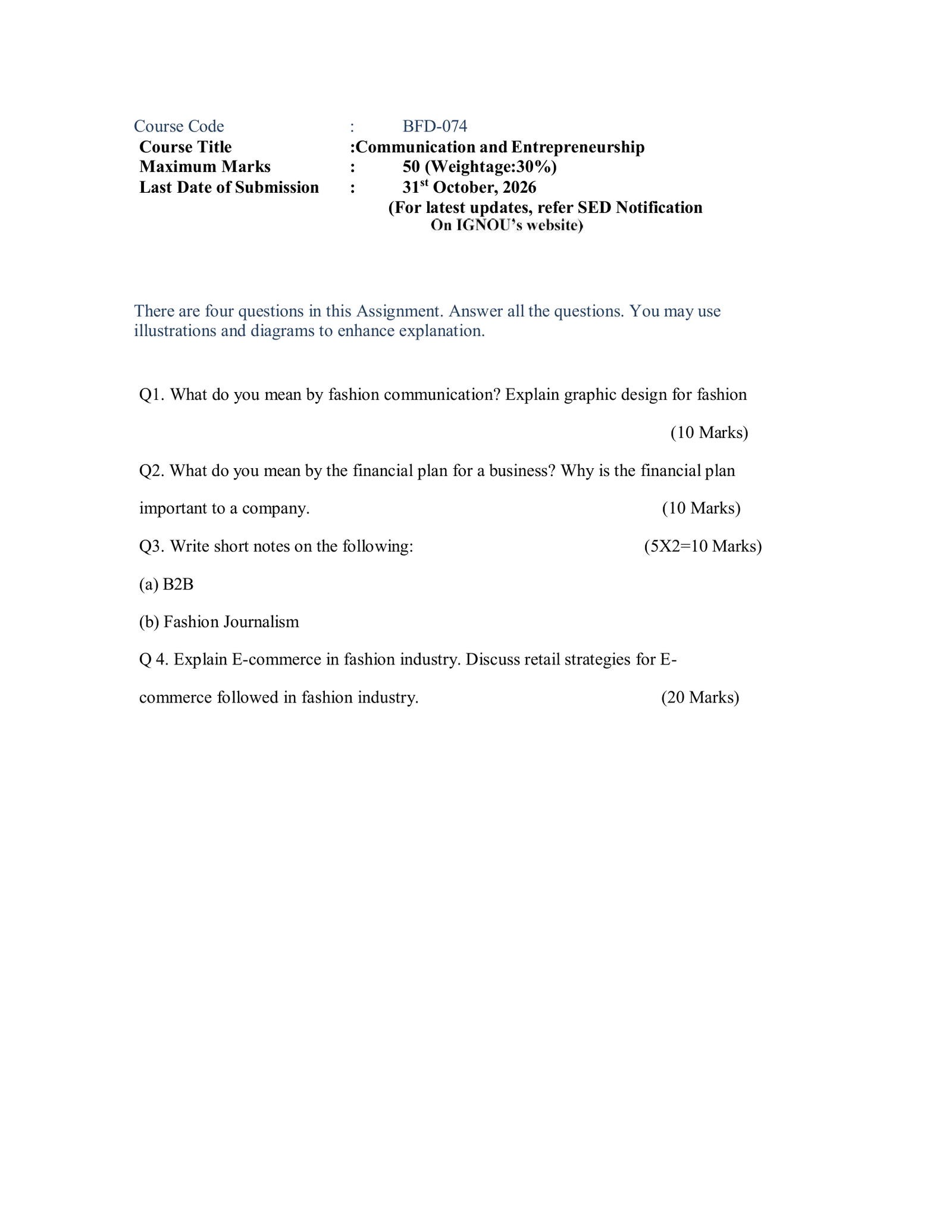 IGNOU BFD-074 Solved Assignment JULY 2026 – English Medium