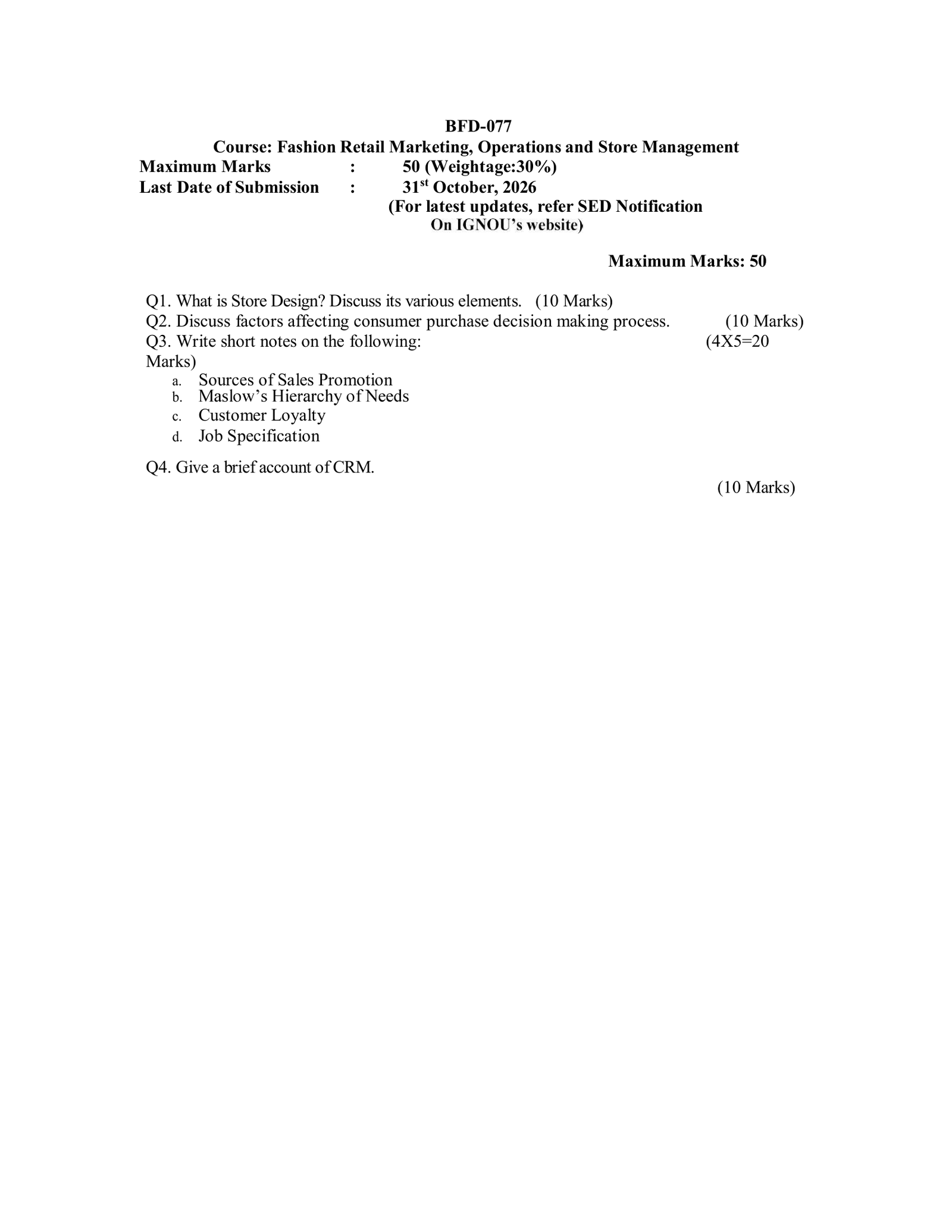IGNOU BFD-077 Solved Assignment JULY 2026 – English Medium