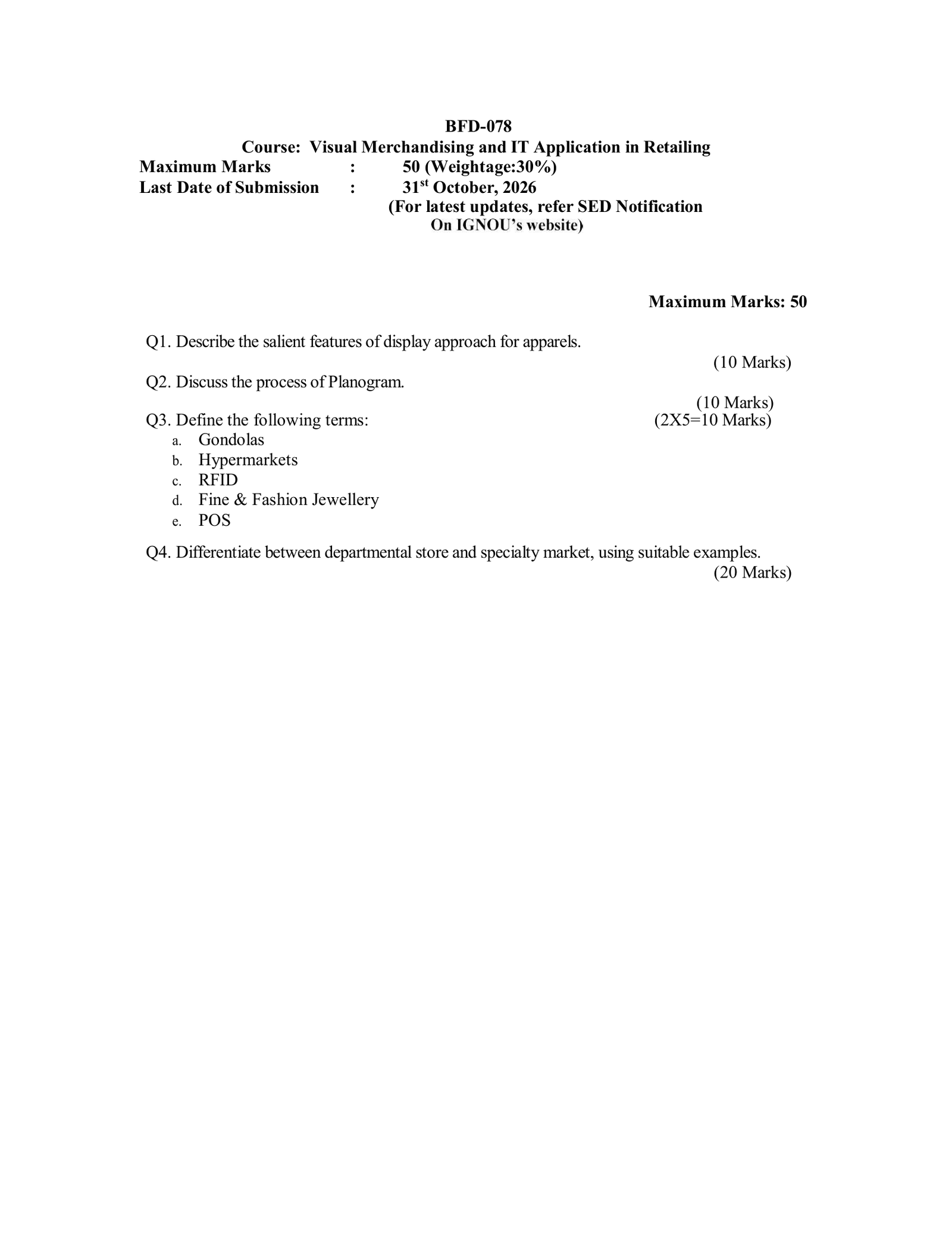 IGNOU BFD-078 Solved Assignment JULY 2026 – English Medium