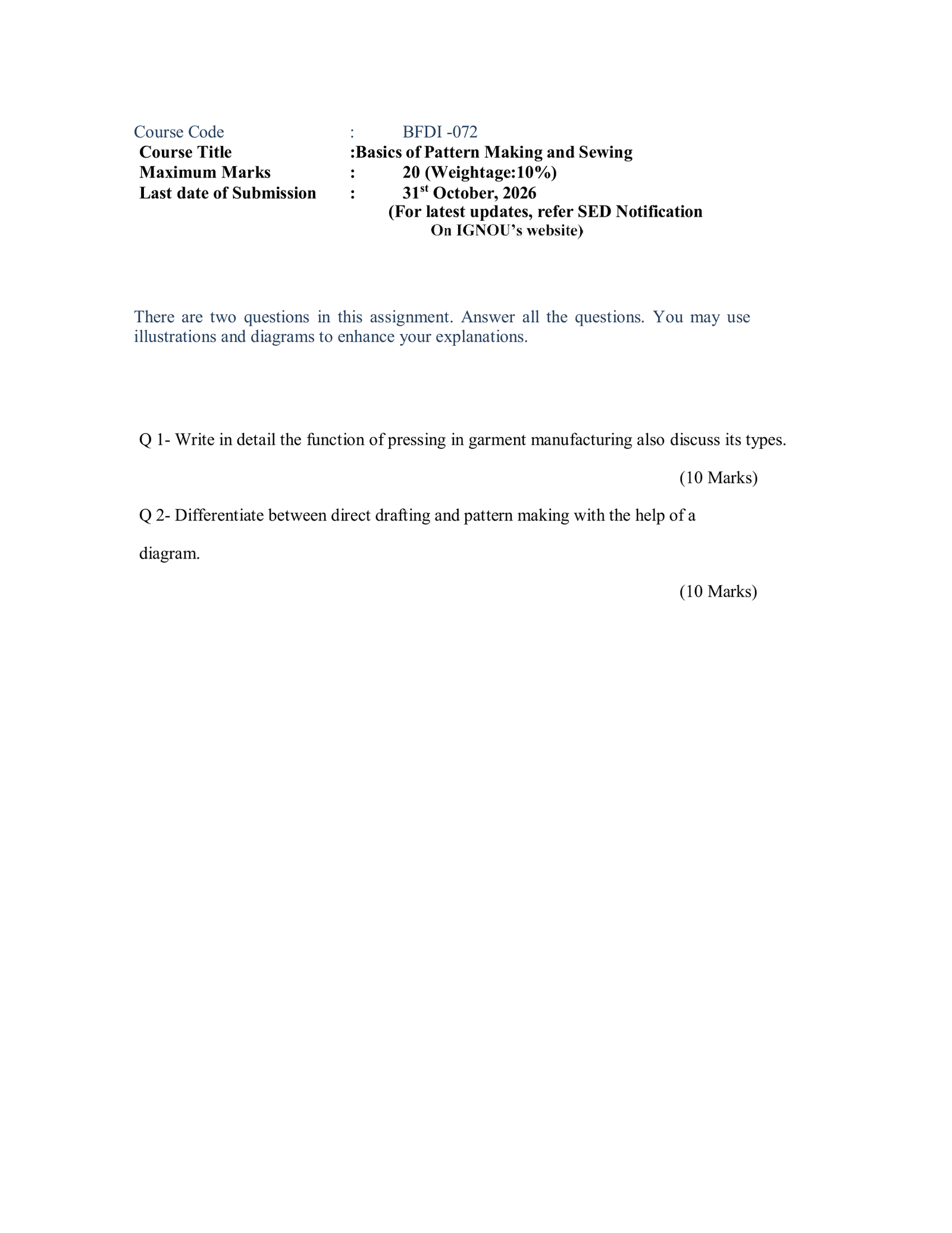 IGNOU BFDI-072 Solved Assignment JULY 2026 – English Medium