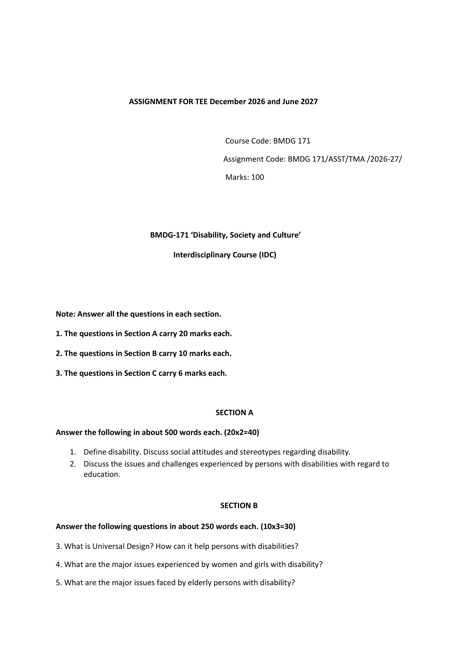 IGNOU BMDG-171 Solved Assignment 2026-27 – English Medium