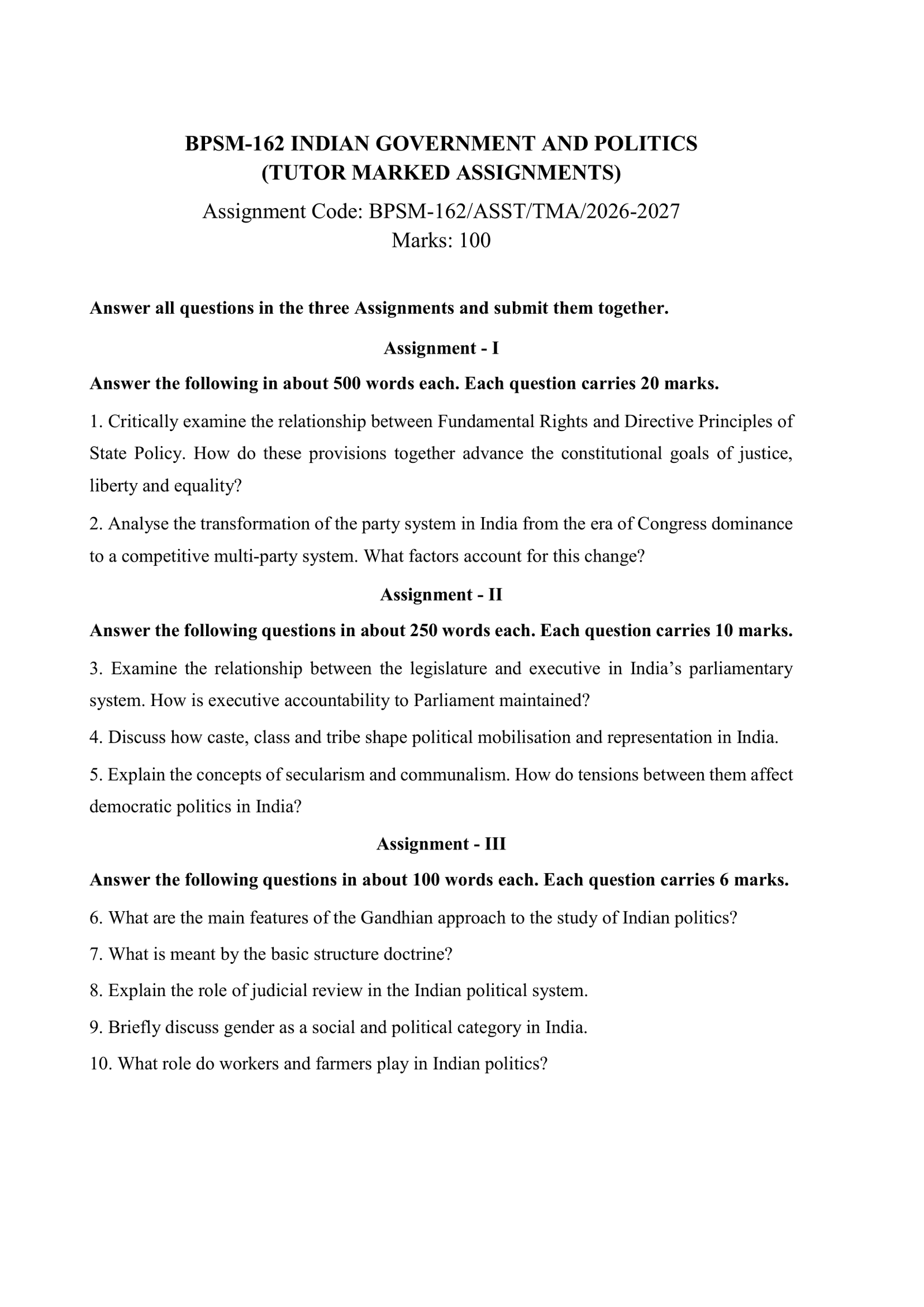 IGNOU BPSM-162 Solved Assignment 2026-27 – English Medium