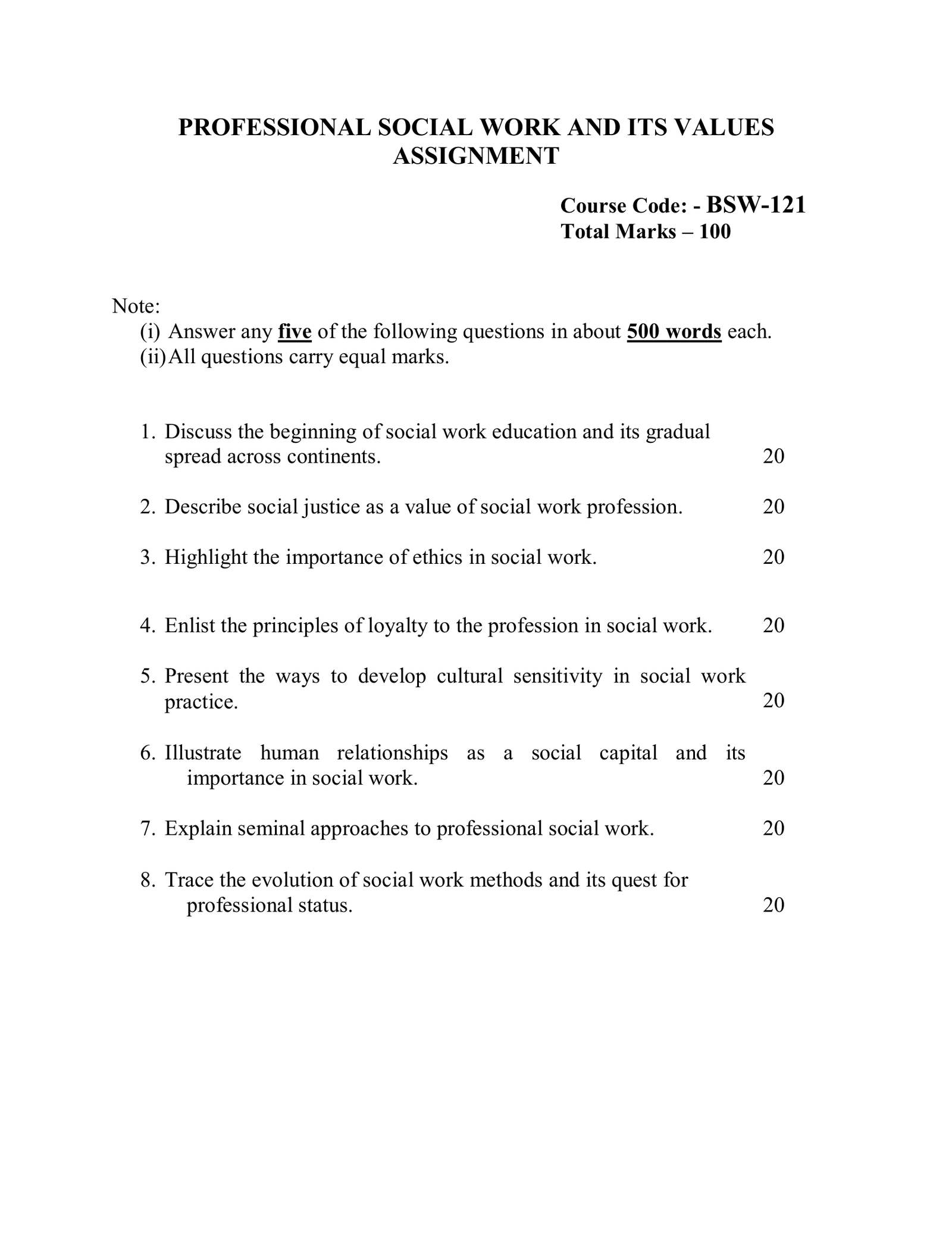 IGNOU BSW-121 Solved Assignment 2026-27 – English Medium