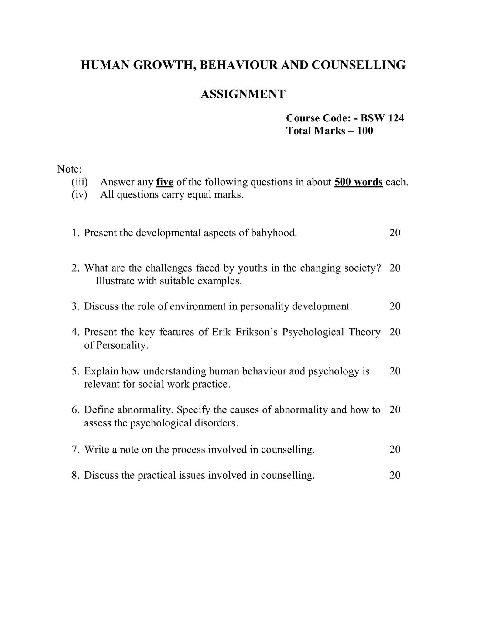IGNOU BSW-124 Solved Assignment 2026-27 – English Medium