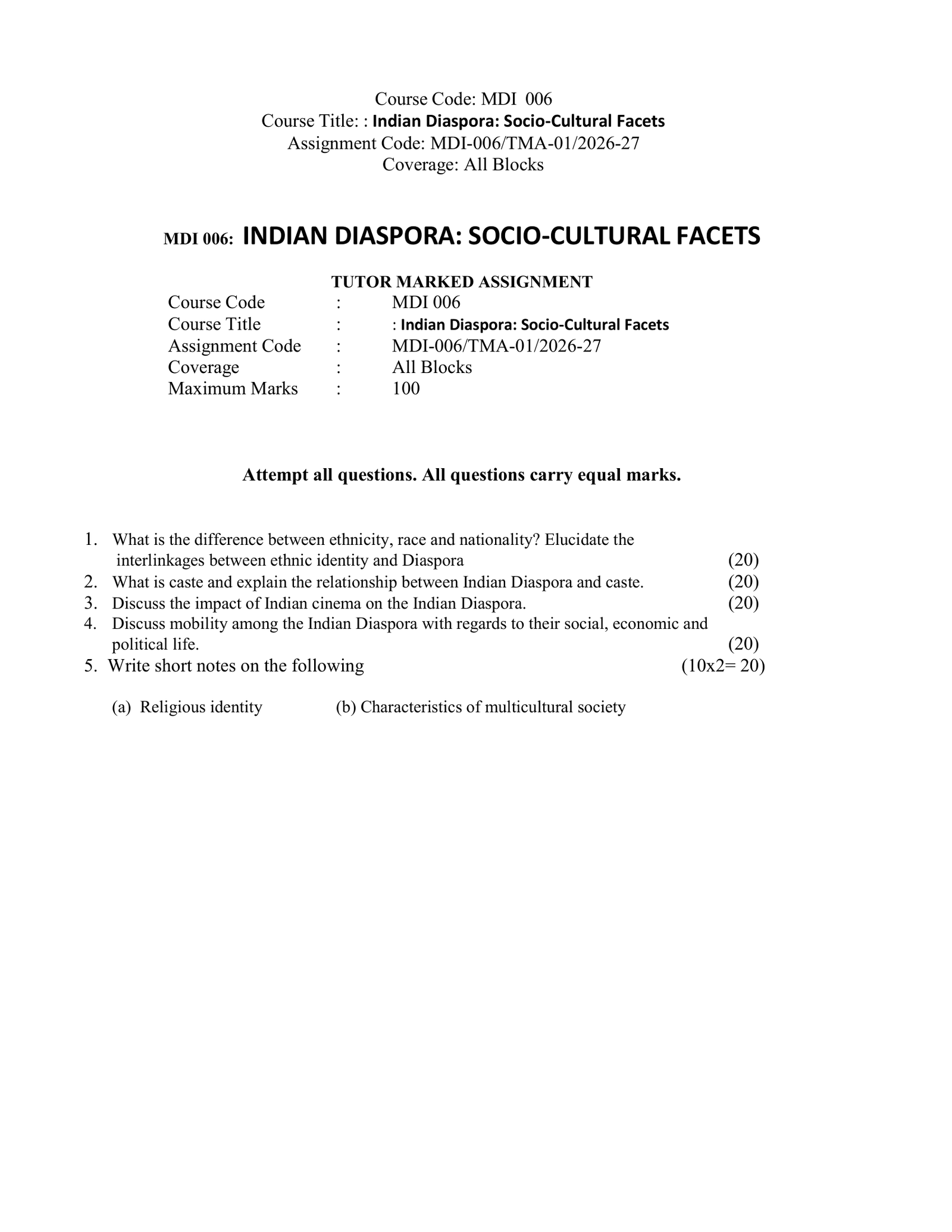 IGNOU MDI-006 Solved Assignment 2026-27 – English Medium