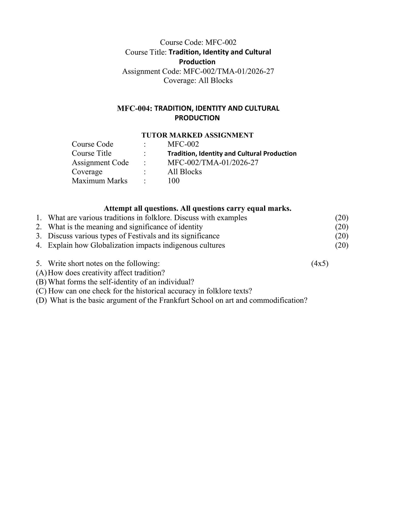 IGNOU MFC-002 Solved Assignment 2026-27 – English Medium
