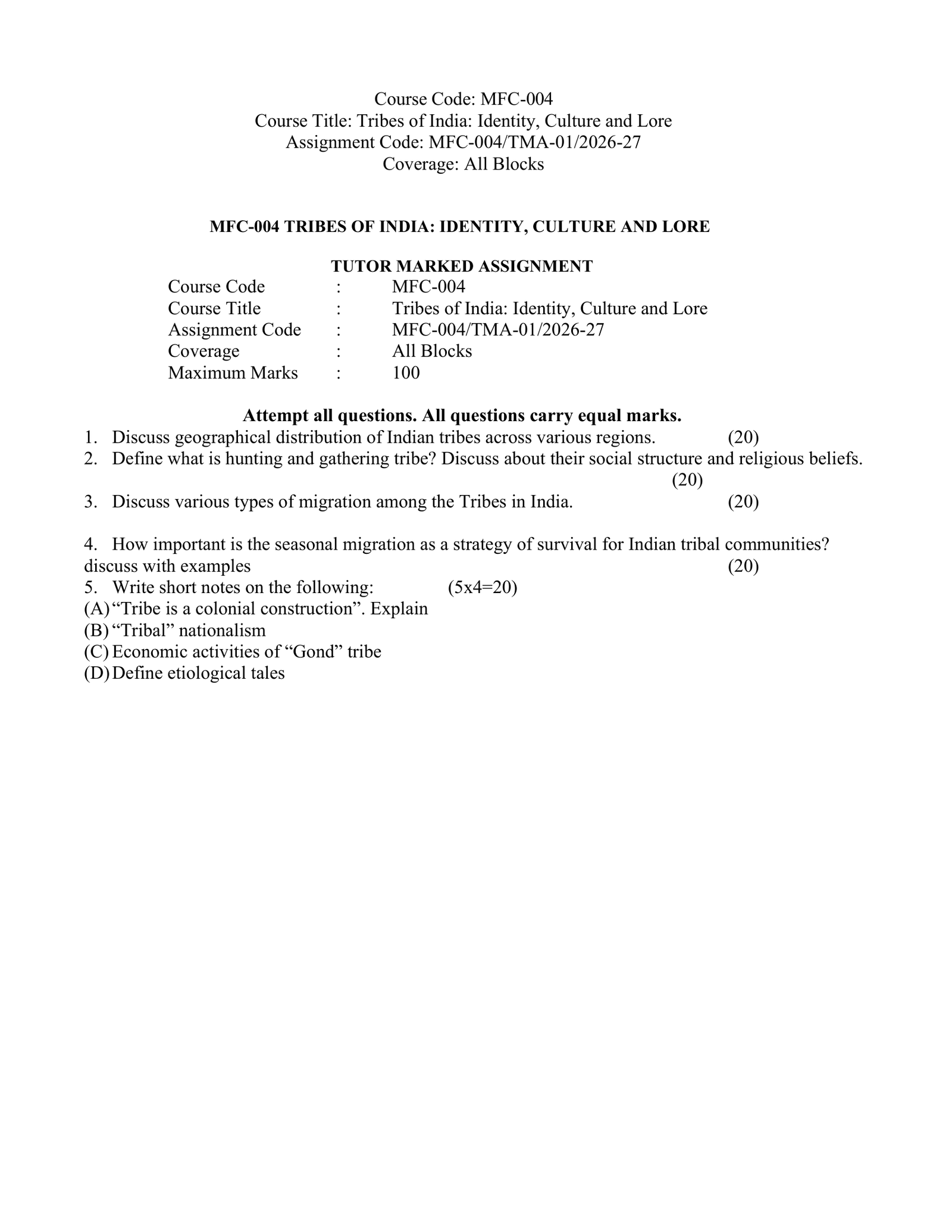 IGNOU MFC-004 Solved Assignment 2026-27 – English Medium