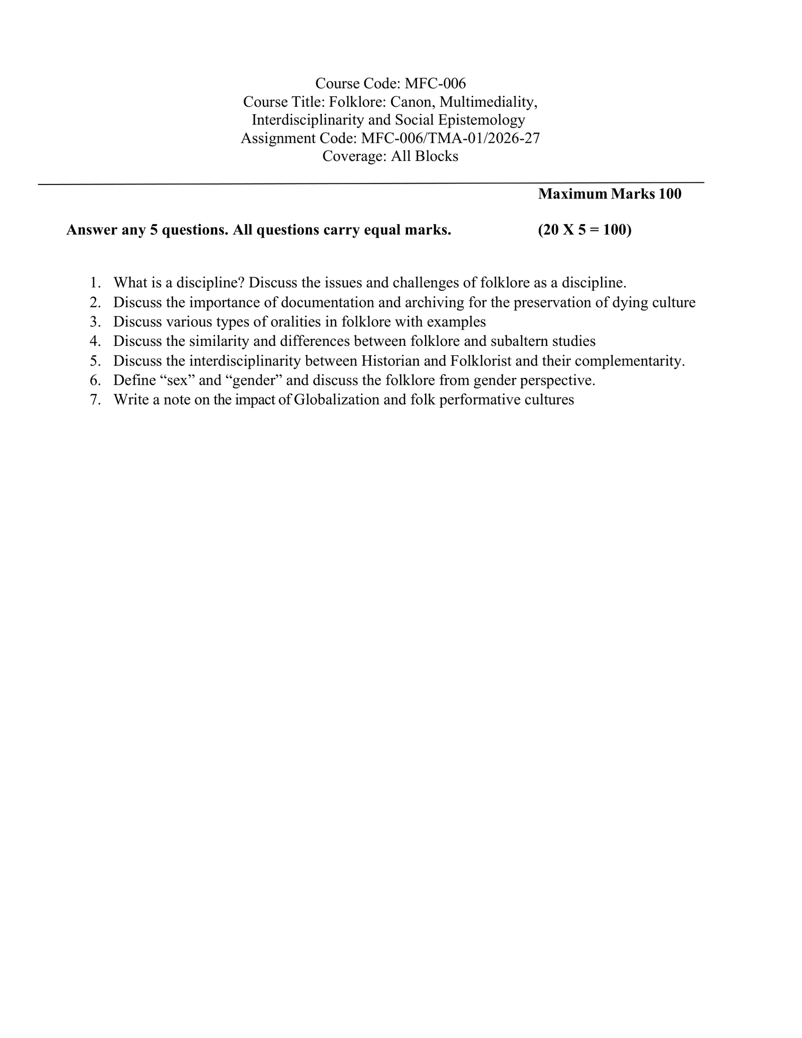 IGNOU MFC-006 Solved Assignment 2026-27 – English Medium