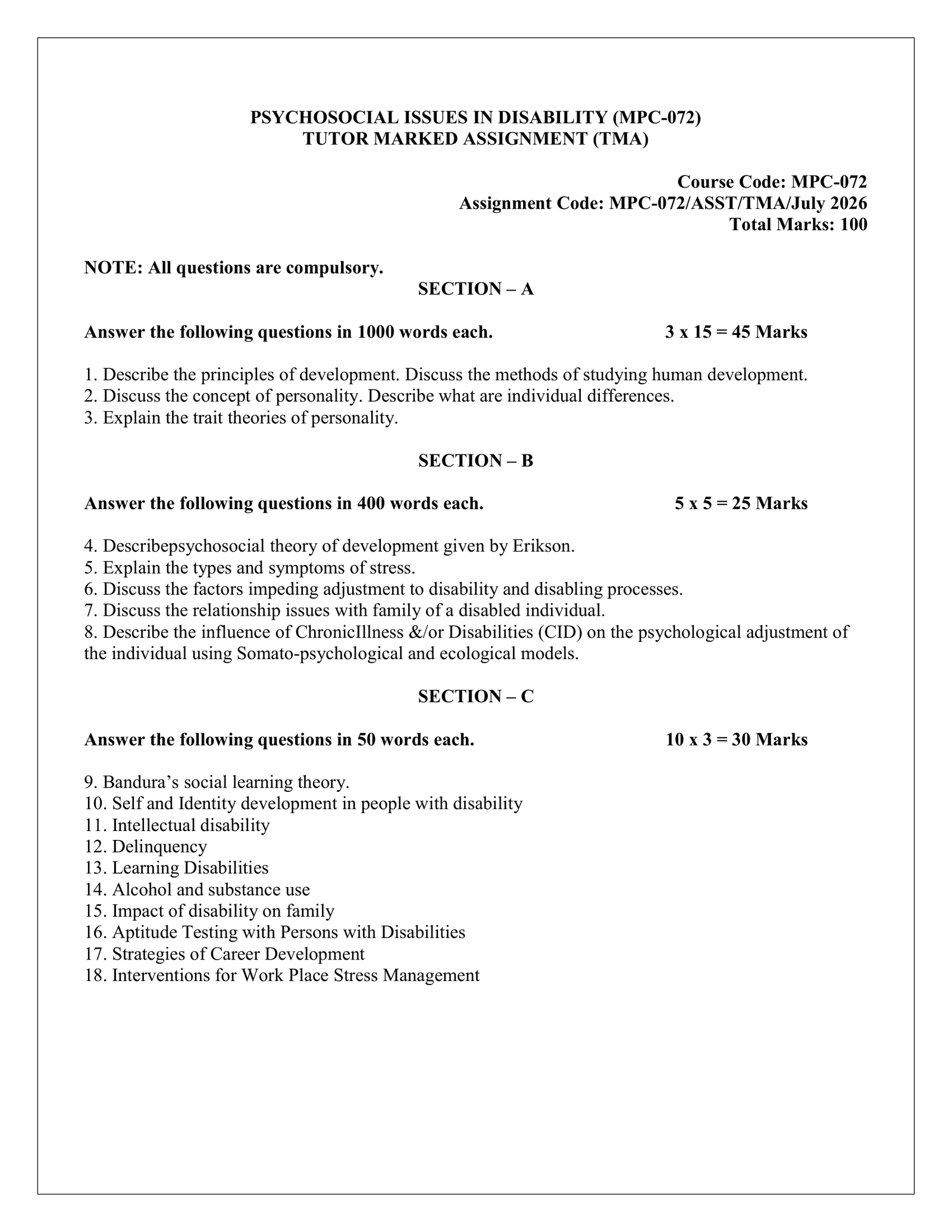 IGNOU MPC-072 Solved Assignment JULY 2026 – English Medium