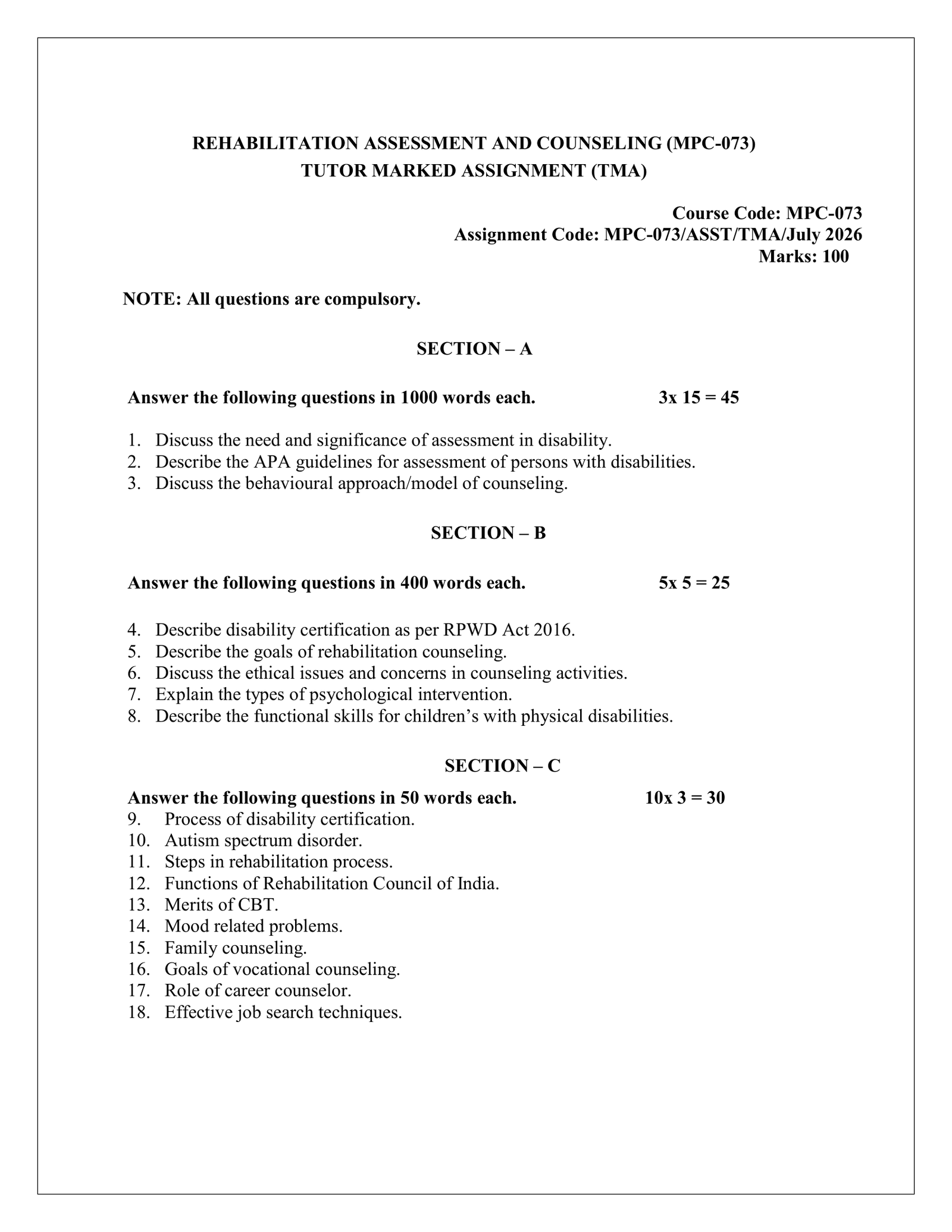 IGNOU MPC-073 Solved Assignment JULY 2026 – English Medium