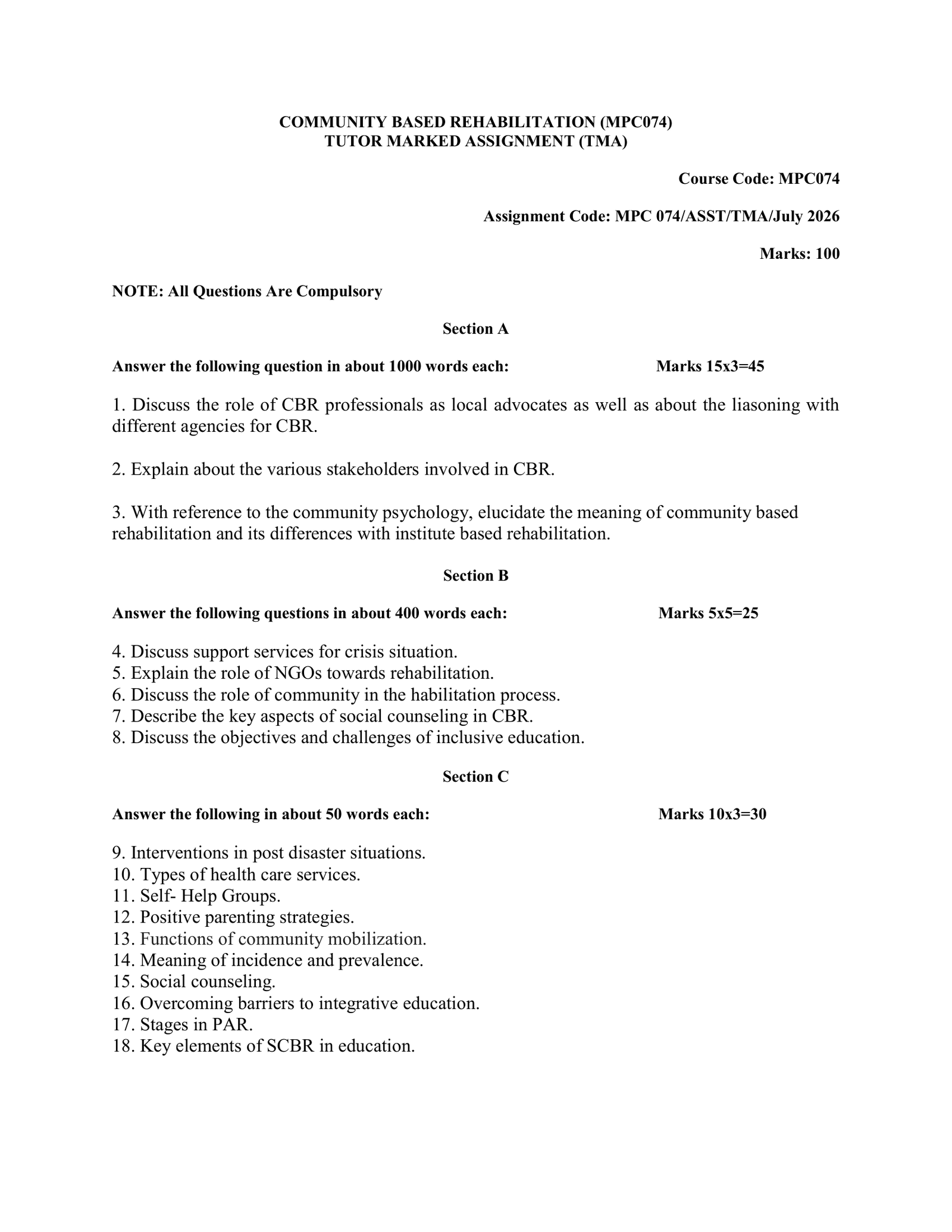 IGNOU MPC-074 Solved Assignment JULY 2026 – English Medium